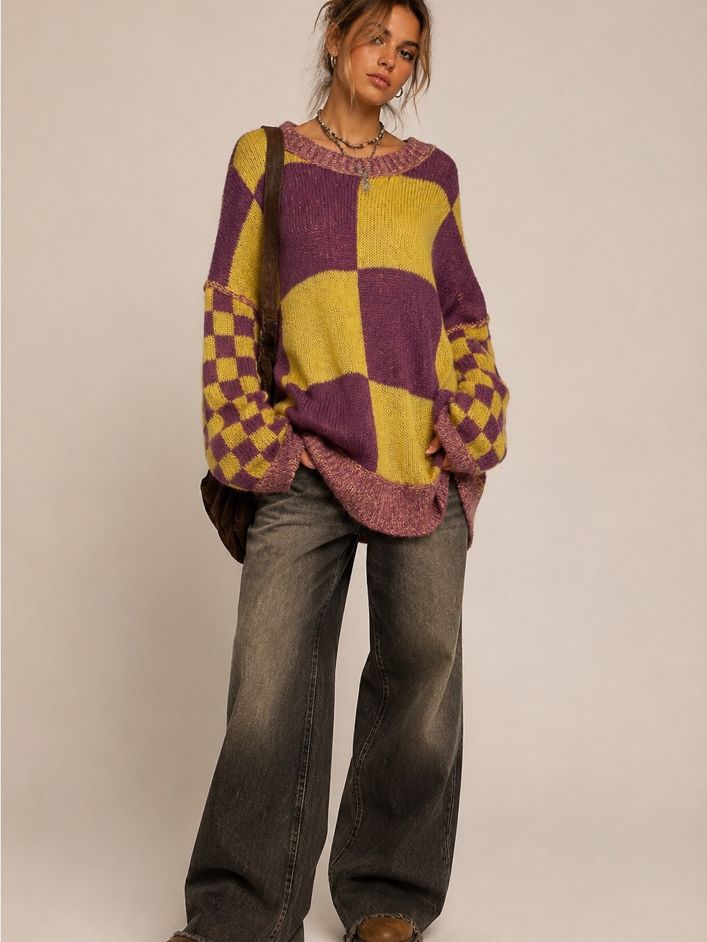 Fantastic Fawn Oversized Checkerboard Knit Sweater- Boho Streetwear